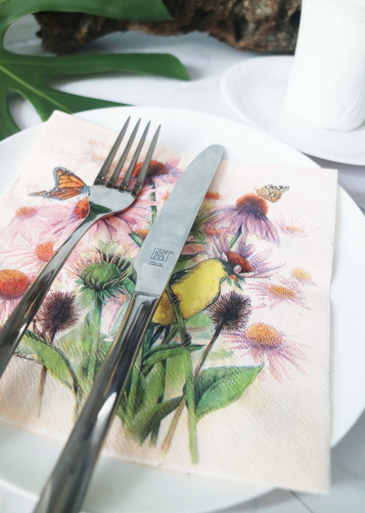 Daisy, Birds & Butterflies Paper Luncheon Napkins in White - 20 Per Package