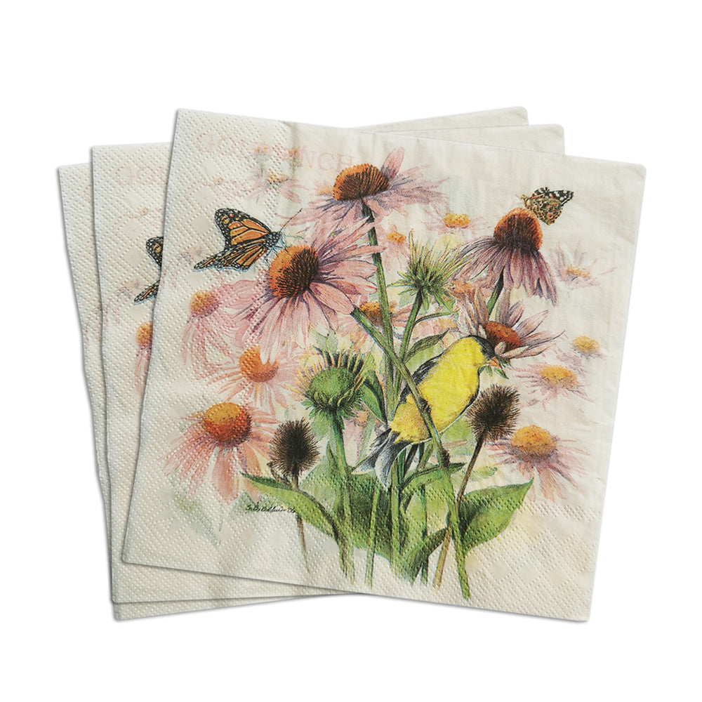 Daisy, Birds & Butterflies Paper Luncheon Napkins in White - 20 Per Package